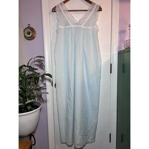 Vintage Christian Dior XL  Maxi Nightgown Baby Blue Cotton Sleeveless White Lace